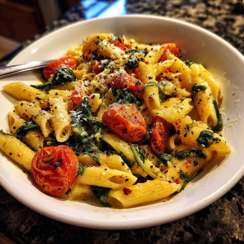 One-Pot Pasta mit Tomaten & Spinat